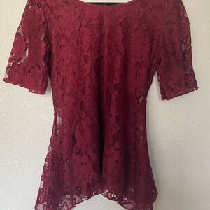 Asymmetrical Red Short Sleeve Lace Blouse